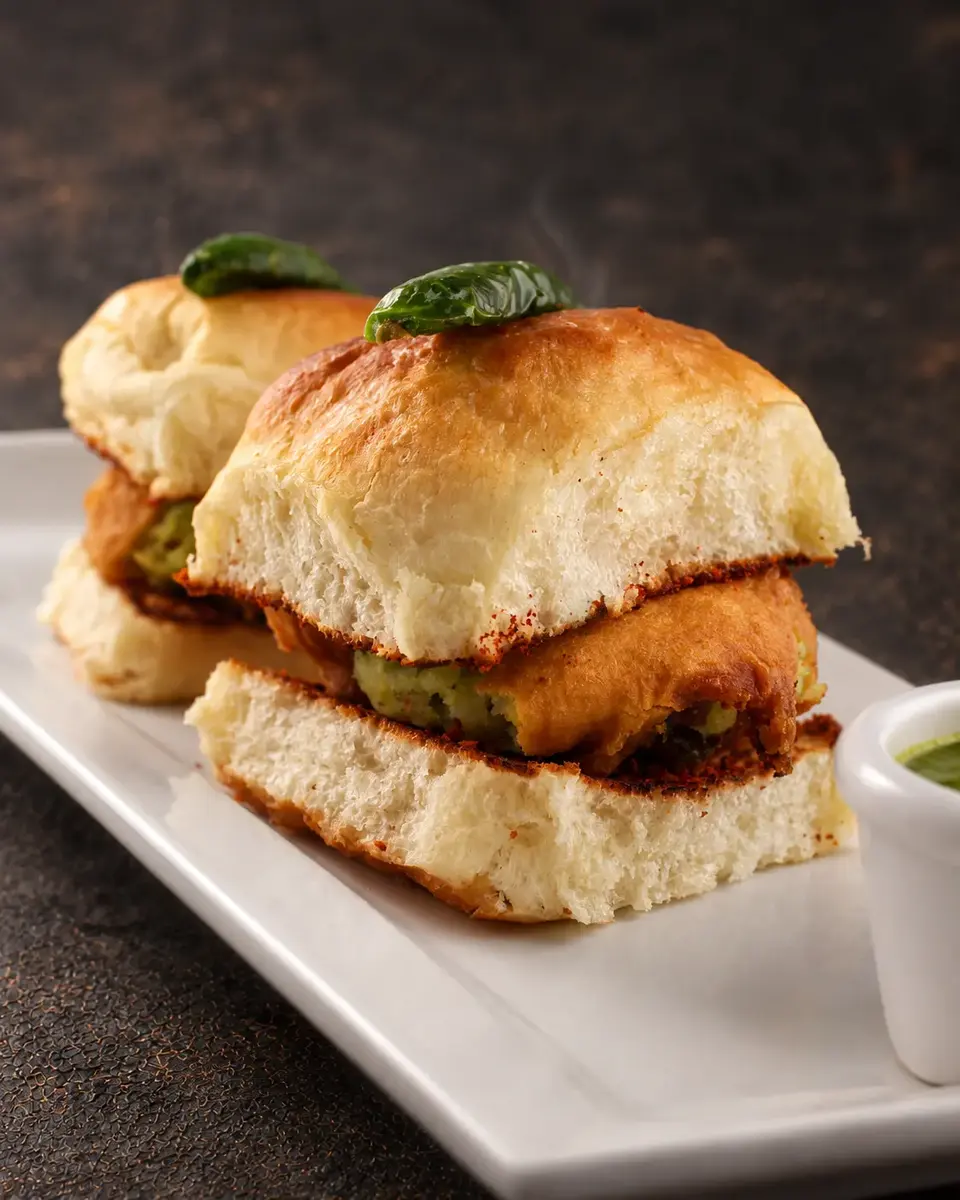 Two Vada Pav sliders filled with spiced potato fritters and chutney